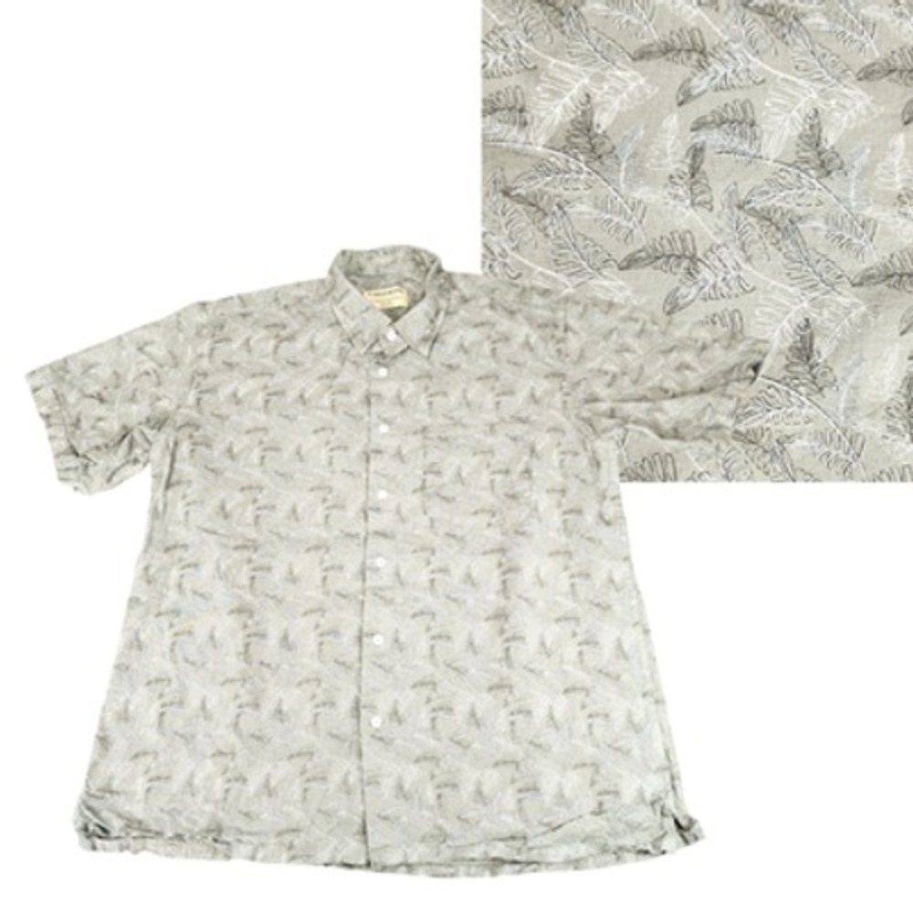Cottonworld Linen Button Up Shirt sz L Men Green‎ Leaves Short Sleeve Hawaiian